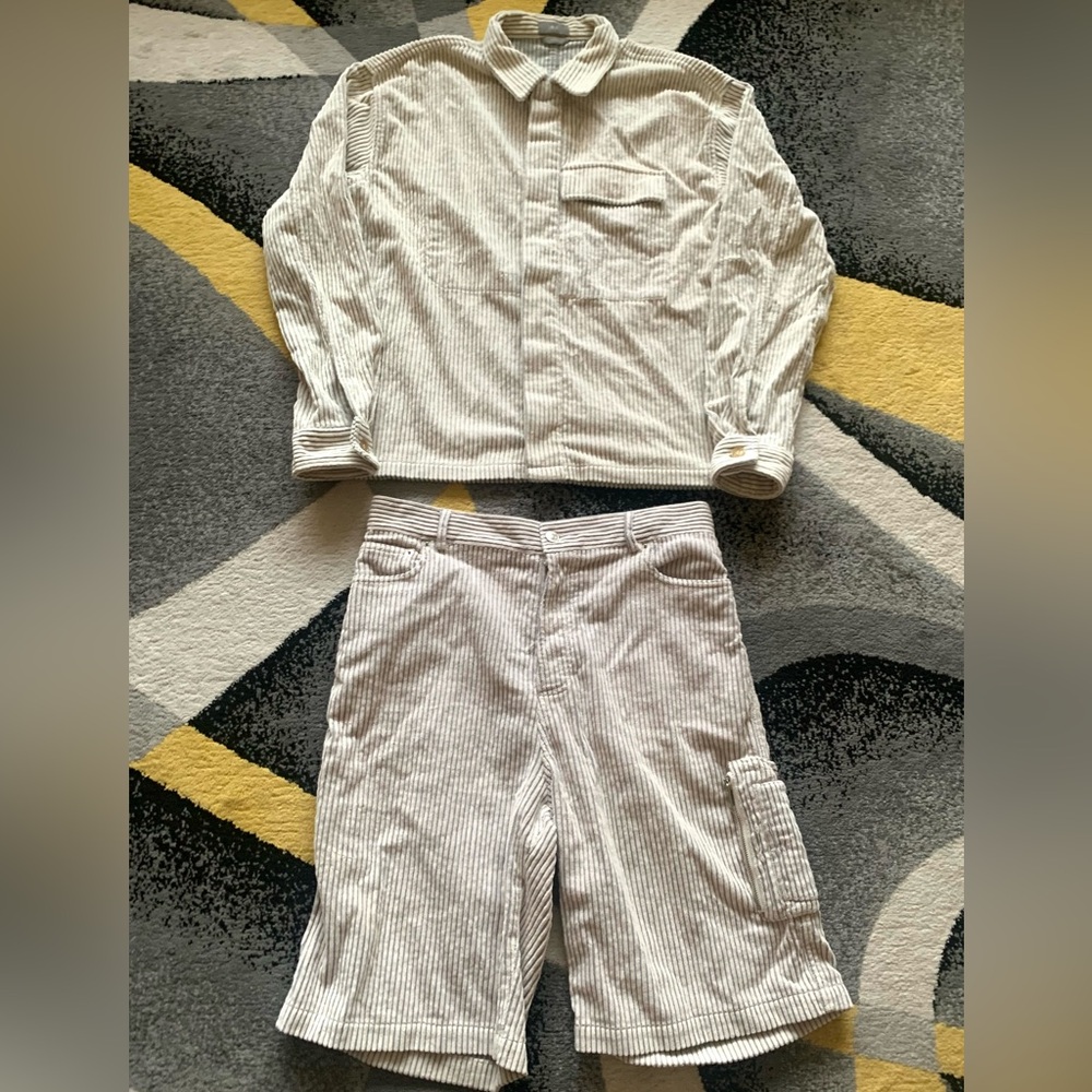 Dior Cream and Light Gray Pinstripe Two-Piece Shirt & Shorts Set